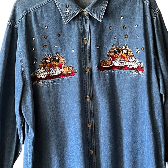 Vintage denim graphic embroidered Noah’s ark shirt - Picture 3 of 5